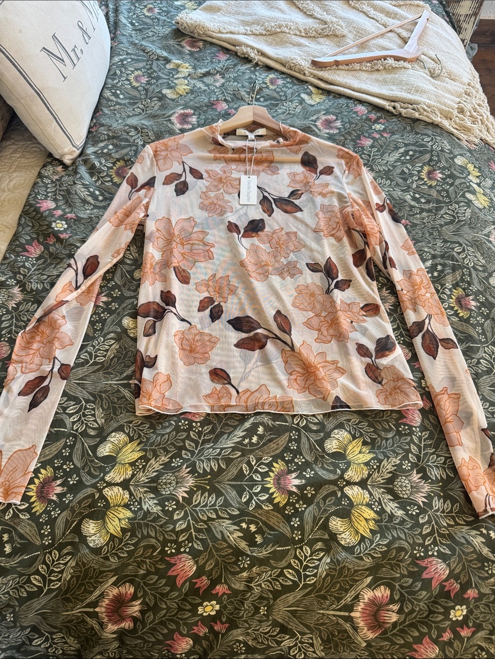 Favorite Daughter Peach Floral Long Sleeve Mesh Top